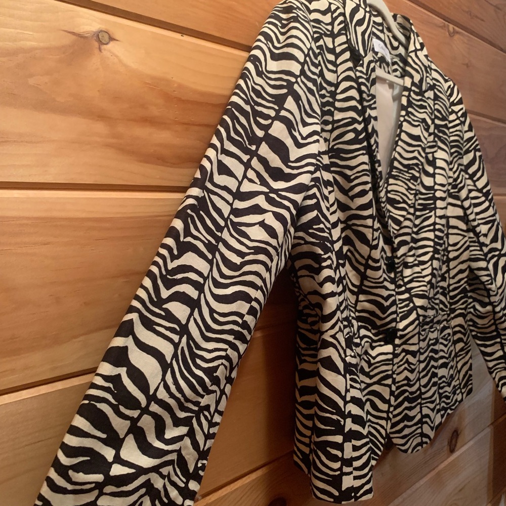 Calvin Klein Linen Black Cream Zebra Animal Print Lined Jacket NWOT Size 16W - Picture 4 of 10